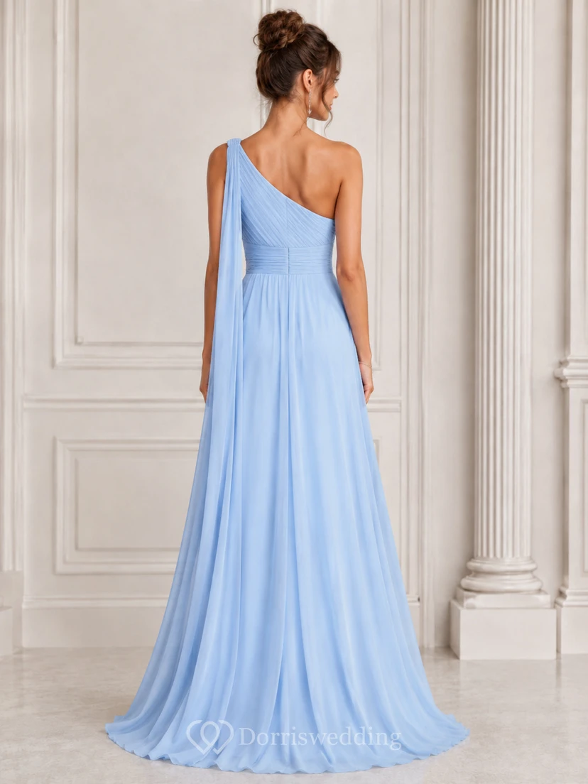 A-Line One-Shoulder Chiffon Bridesmaid Dress with Slit view 2