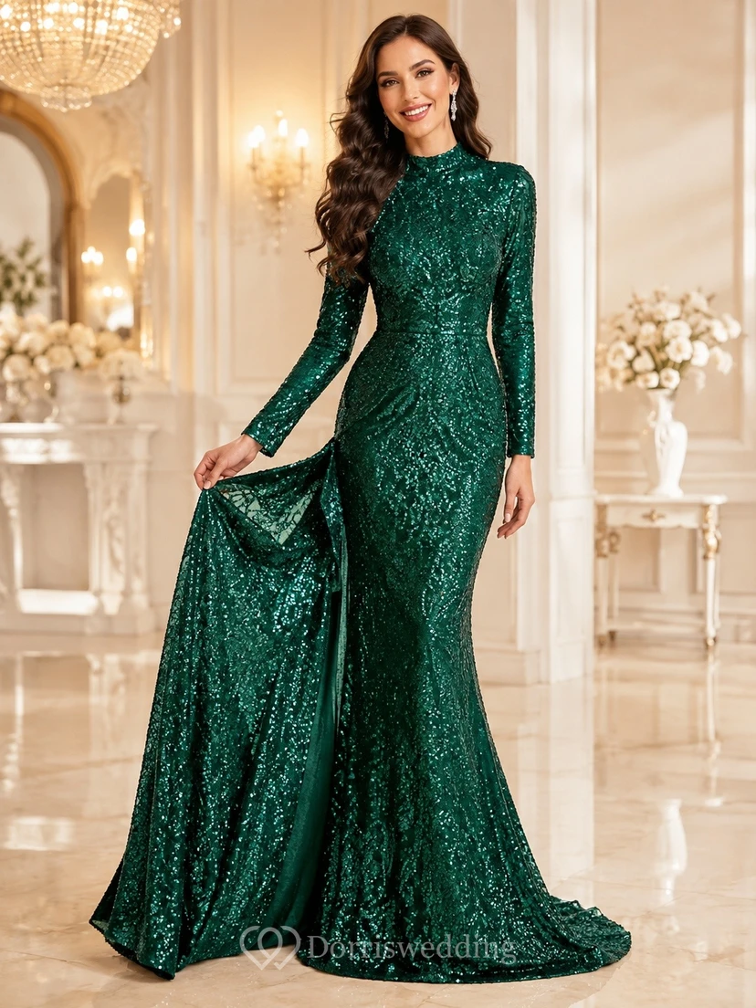 Emerald Sequin High Neck Long Sleeve A-Line Sweep Train Formal Gown