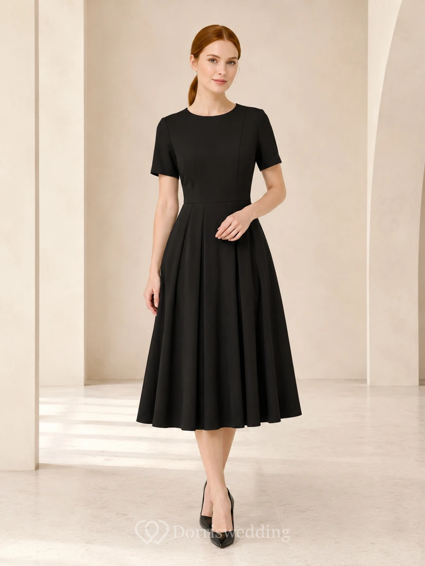 Schwarzes, kurzärmeliges, A-Linien-Kleid für Trauerfeiern