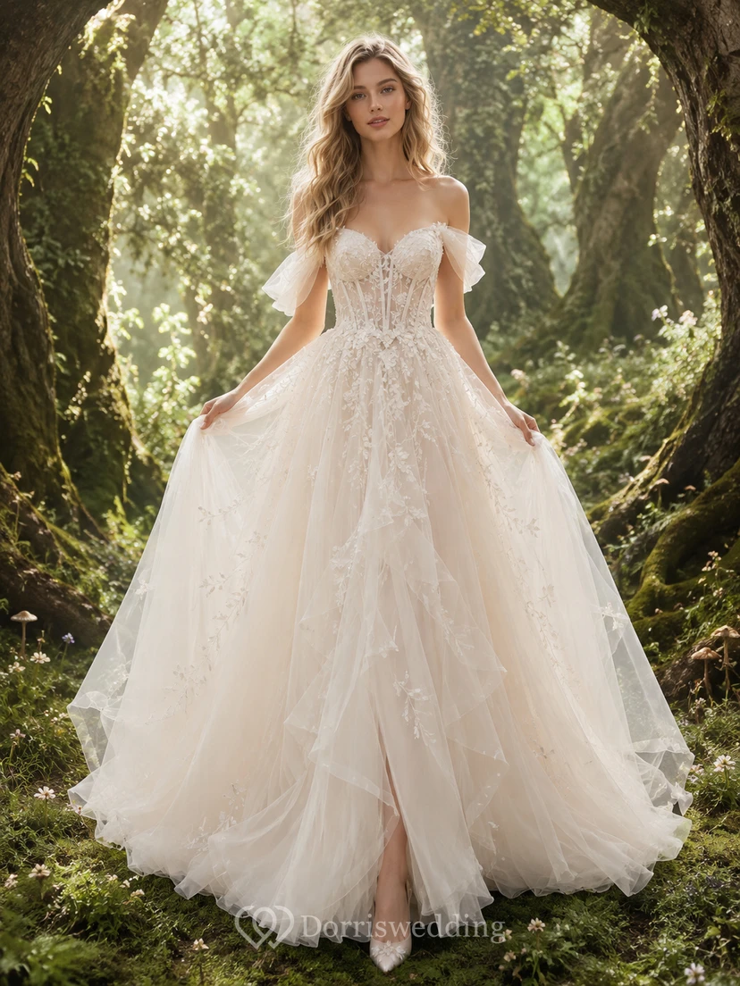 Vestido de novia de tul con capas y hombros descubiertos, estilo bosque encantado, de hadas.