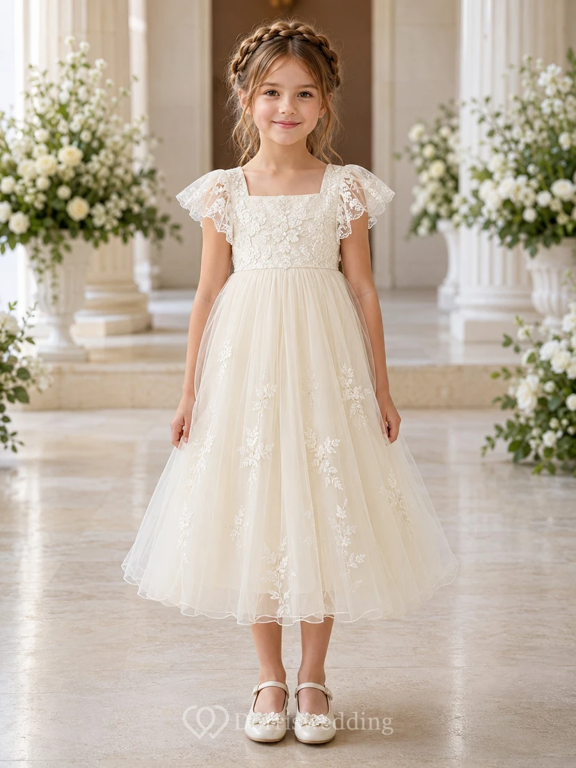 Langärmeliges A-Linien-Kleid aus Spitze und Tüll für Blumenmädchen mit Rundhalsausschnitt und wadenlangem Rock