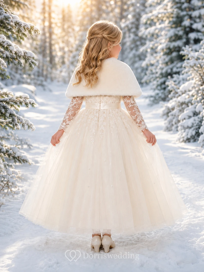 Modest A-Line Flower Girl Dress with High Neck Lace Long Sleeves Winter Cape Ceremony view 2