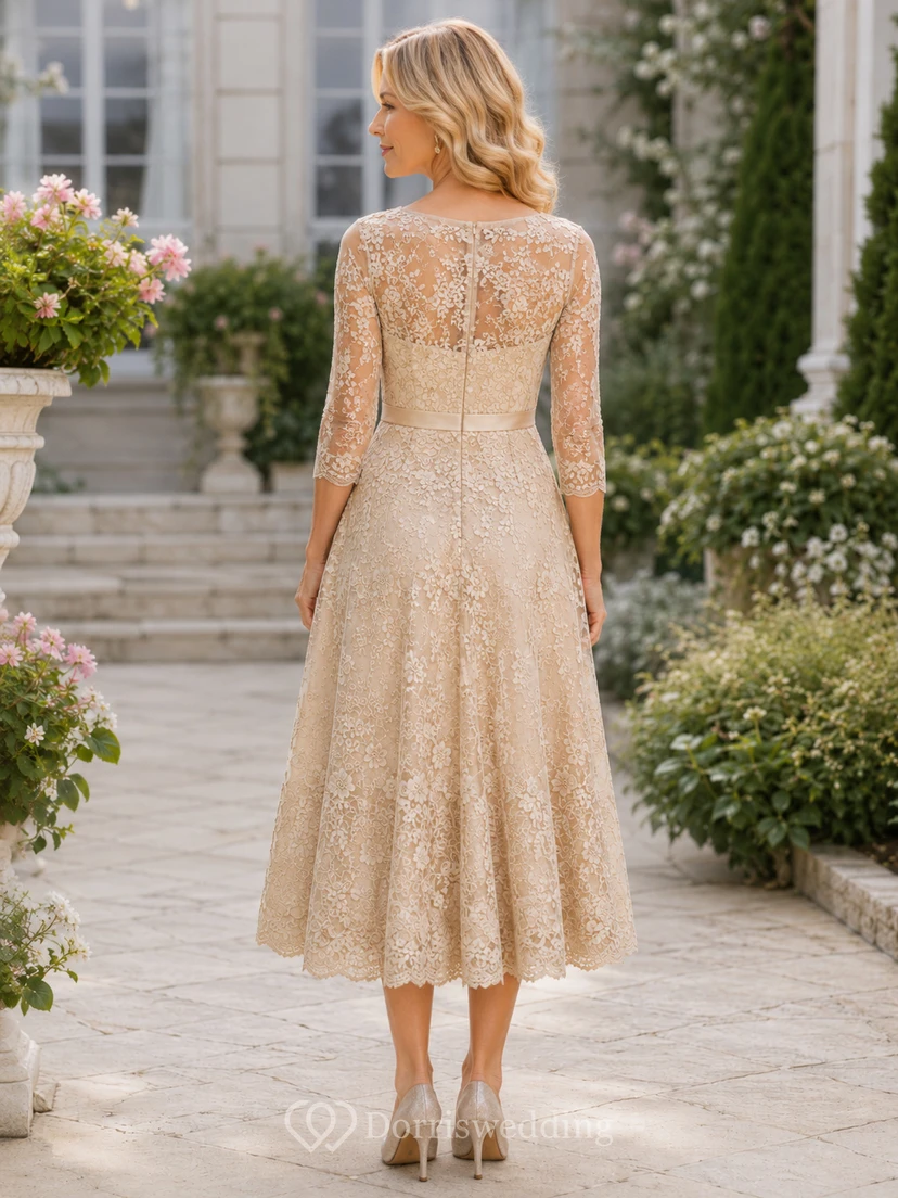 Vestido de novia de corte A hasta la rodilla con mangas de encaje y efecto ilusión color champán view 2