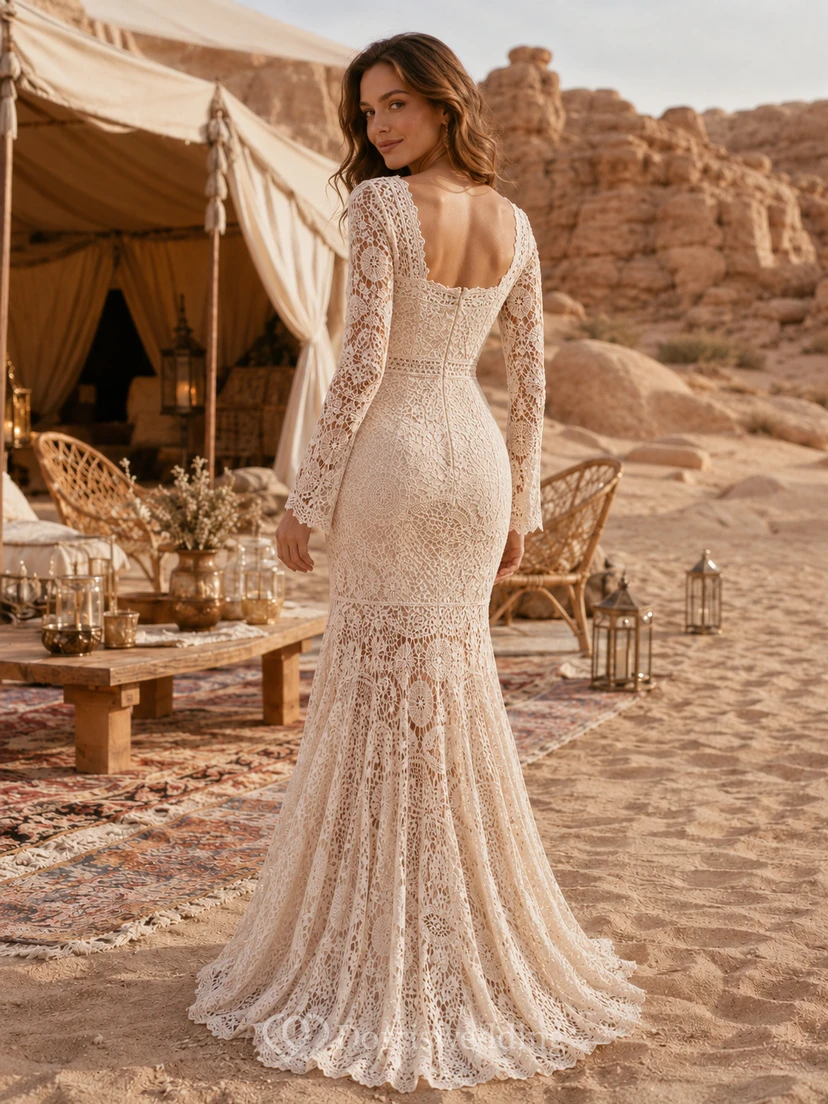 Vestido de novia bohemio de encaje de ganchillo con mangas largas estilo sirena para fugas románticas en el desierto view 2