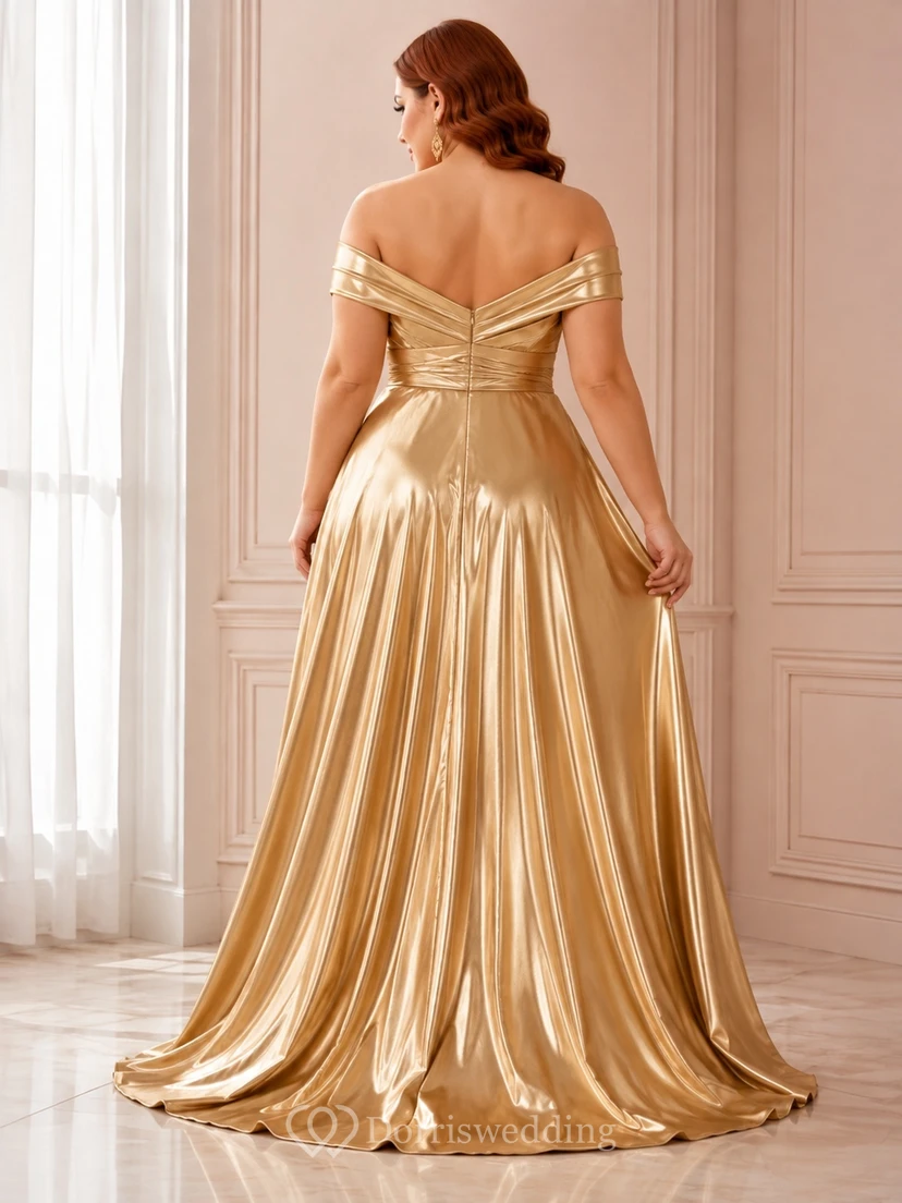 Plus Size Gold Off-Shoulder Sweetheart Ruched Satin A-Line Split Formal Gown view 2