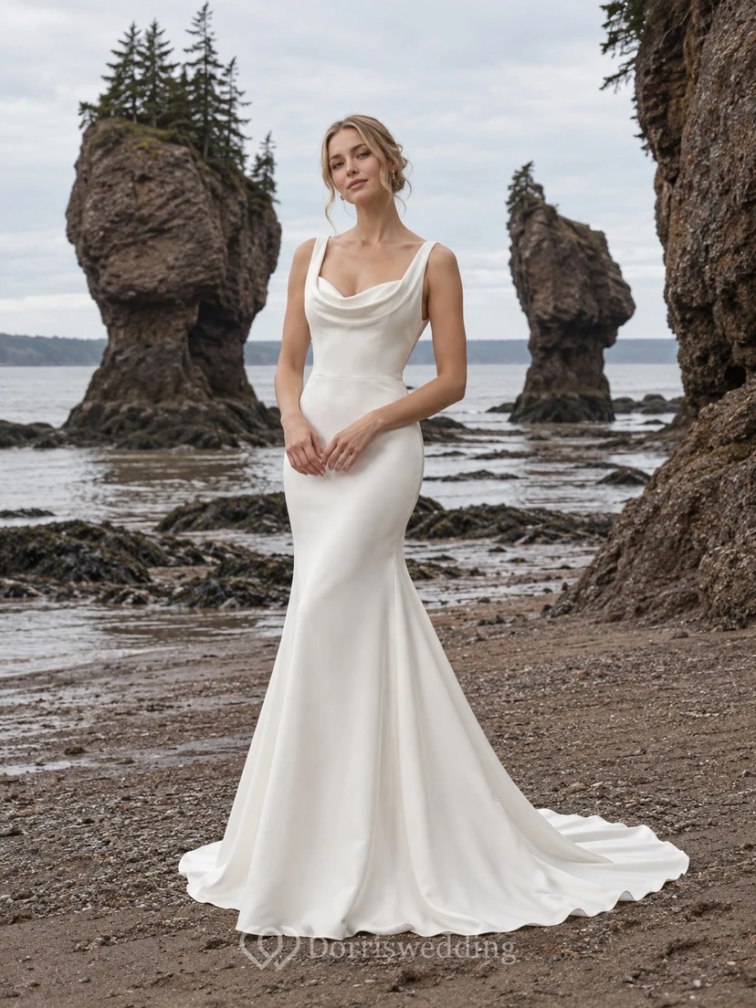 Cowl Neck Beach Wedding Dress with Wide Straps Satin-Back Crepe Mermaid Sweep Train
