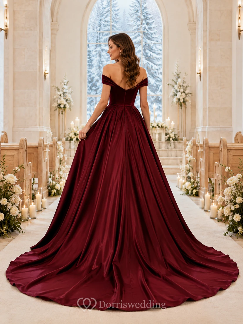 Burgunderrotes schulterfreies Samt-Ballkleid für die Hochzeit view 2
