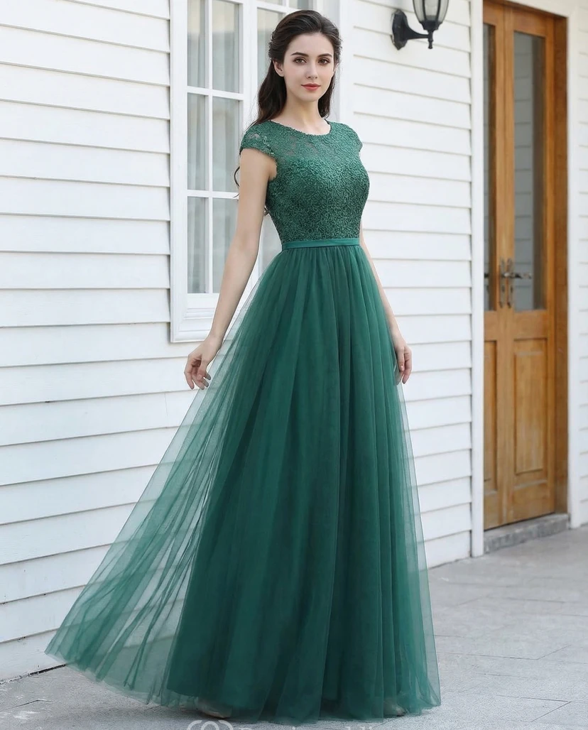 Tüllkleid in A-Linie mit kurzen Ärmeln und Rundhalsausschnitt