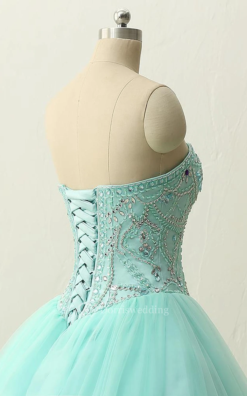 Long Straps Sweetheart Beading Brush Train Straps Tulle Lace Satin Dress view 2
