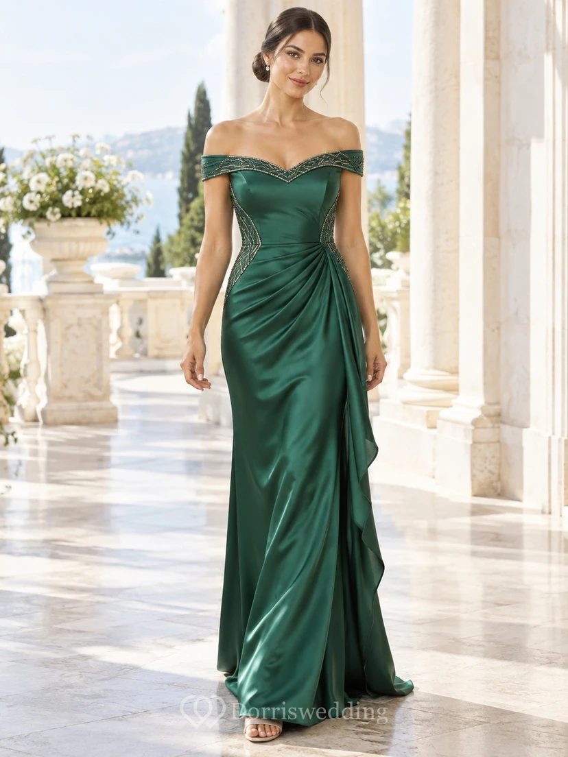 Vintage dunkelgrünes Etuikleid aus Satin mit schulterfreiem Schnitt, drapierten Pailletten und Perlenbesatz, tailliert, langes Brautjungfernkleid