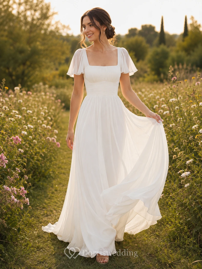 Robe de mariée d'été en mousseline respirante, col carré, manches papillon, coupe trapèze, col carré