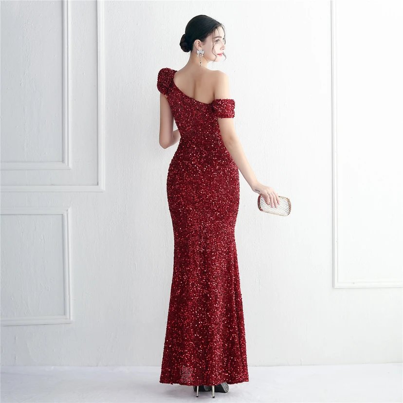 Imitation, handgefertigt, Pailletten, schulterfrei, Dankeschön-Bankett, schmaler Meerjungfrauenrock, Hochzeitsauto-Modellausstellung, Prominentenbankett view 24
