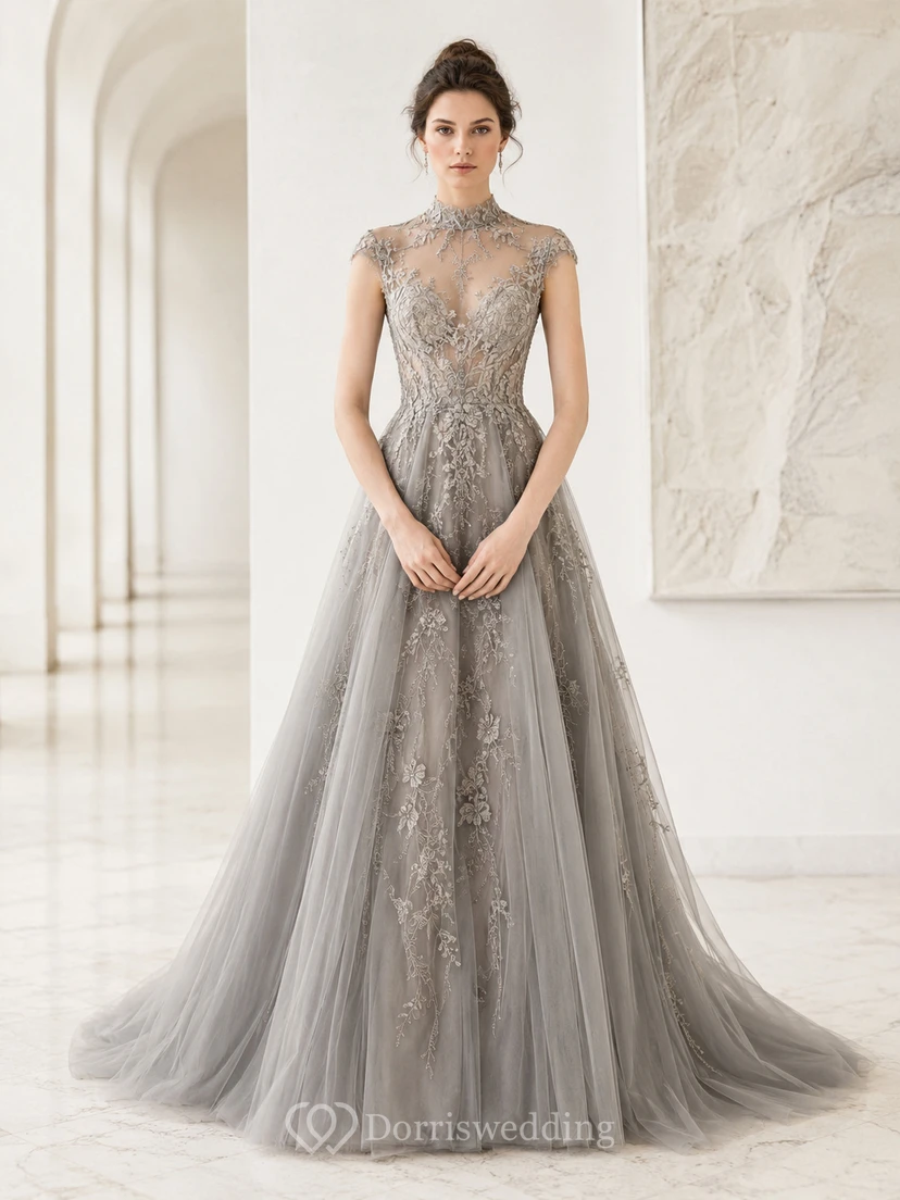 Robe de mariée formelle gris acier en dentelle, manches courtes, coupe trapèze, taille naturelle