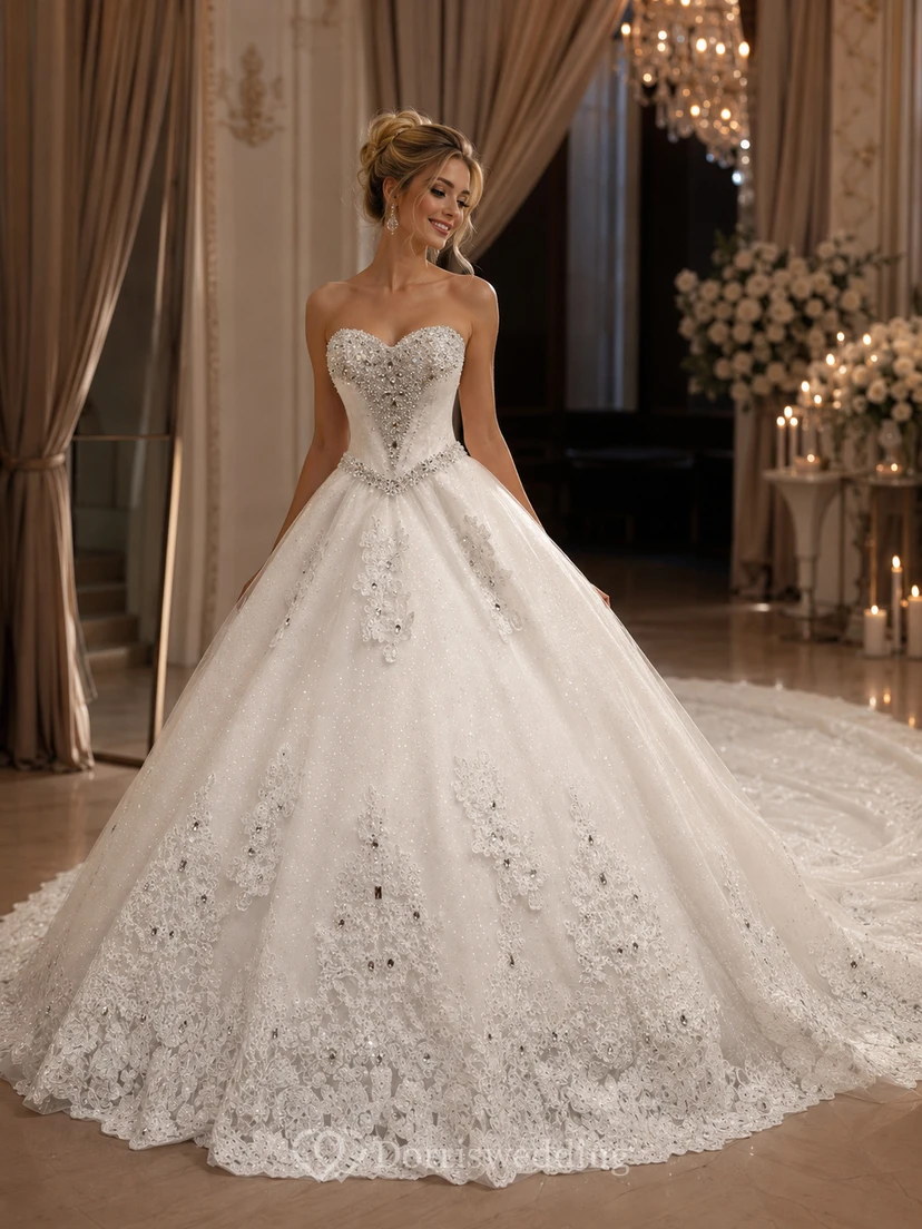 Luxurious Sweetheart Ball Gown Wedding Dress Crystal Beadings Long Train view 2