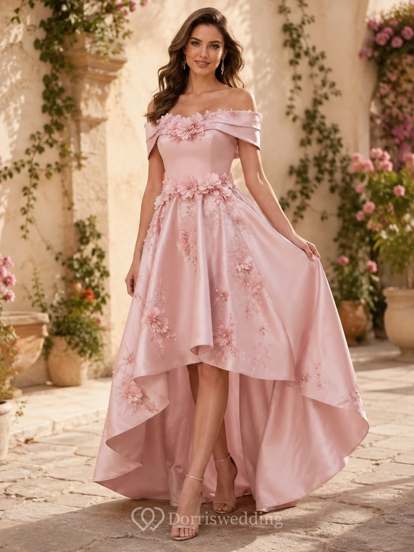 Blush Off-Shoulder Floral Applique Satin A-Line High-Low Court Train Prom Dress
