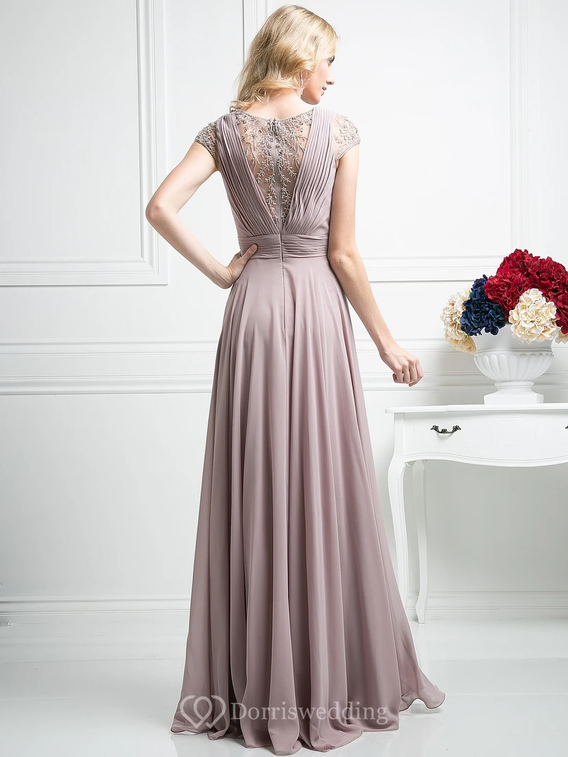 A-Line Scoop-Neck Short Sleeve Chiffon Illusion Dress With Beading And Pleats view 2