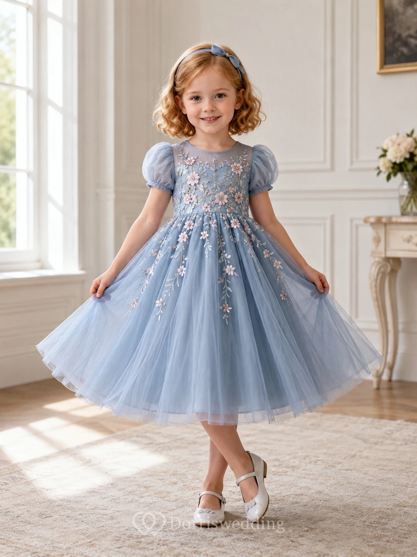 Flower Girl Dress Steel Blue Lace Tulle A-Line Jewel Neck Tea Length