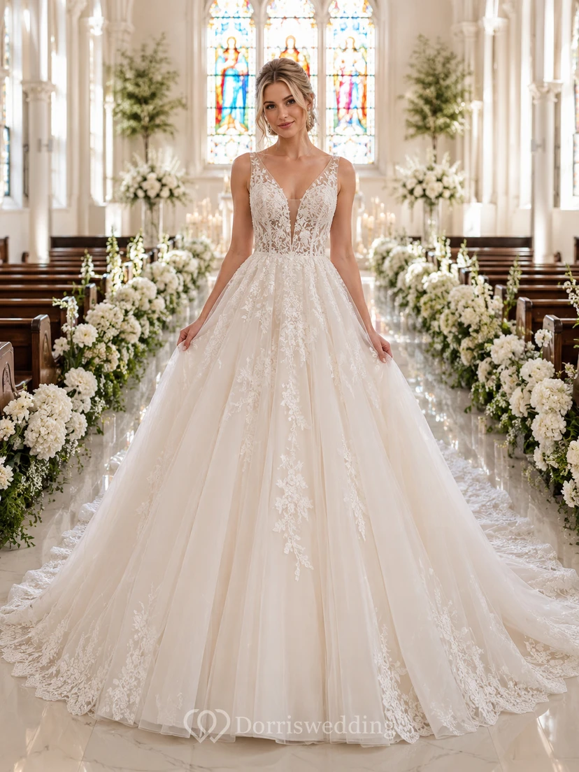 Vestido de novia de encaje y tul, estilo princesa, escote corazón, sin mangas, cola de capilla, con apliques.