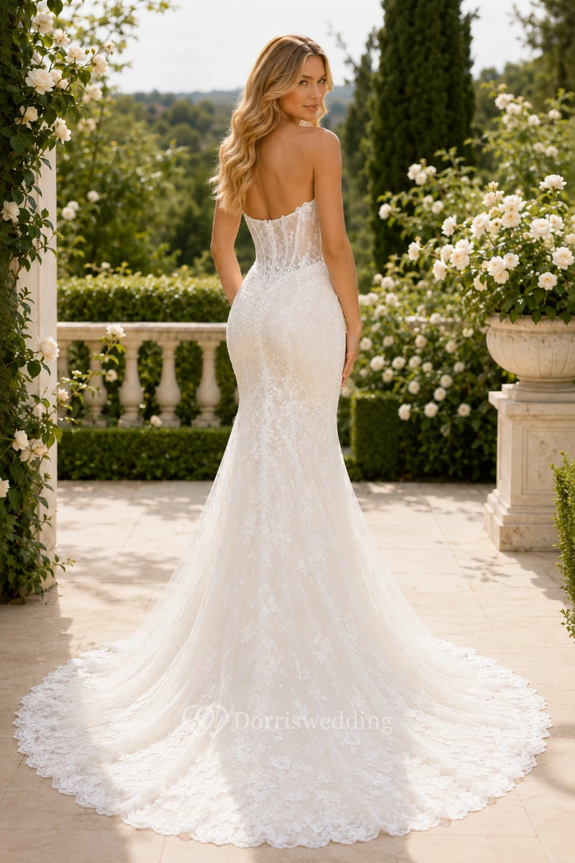 Strapless Lace Mermaid Wedding Dress with Chapel Train view 2