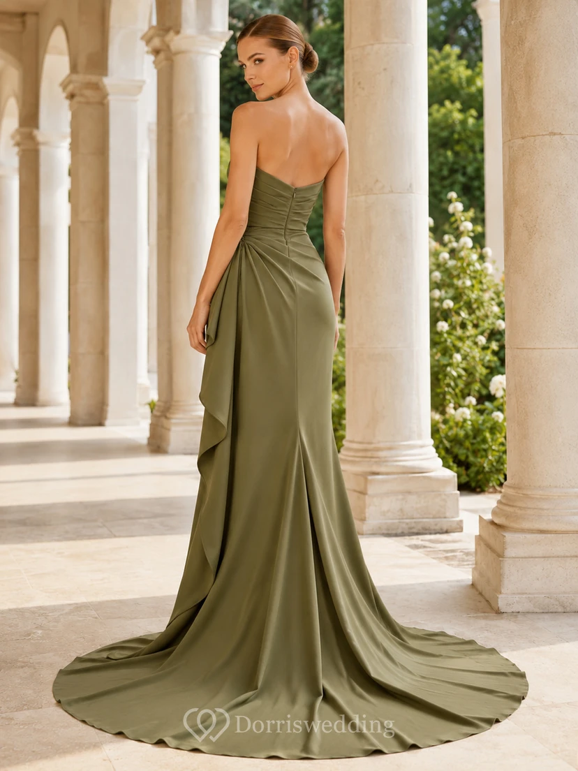 Olive Green Asymmetric One Shoulder Draped Satin Sheath Wedding Gown view 2