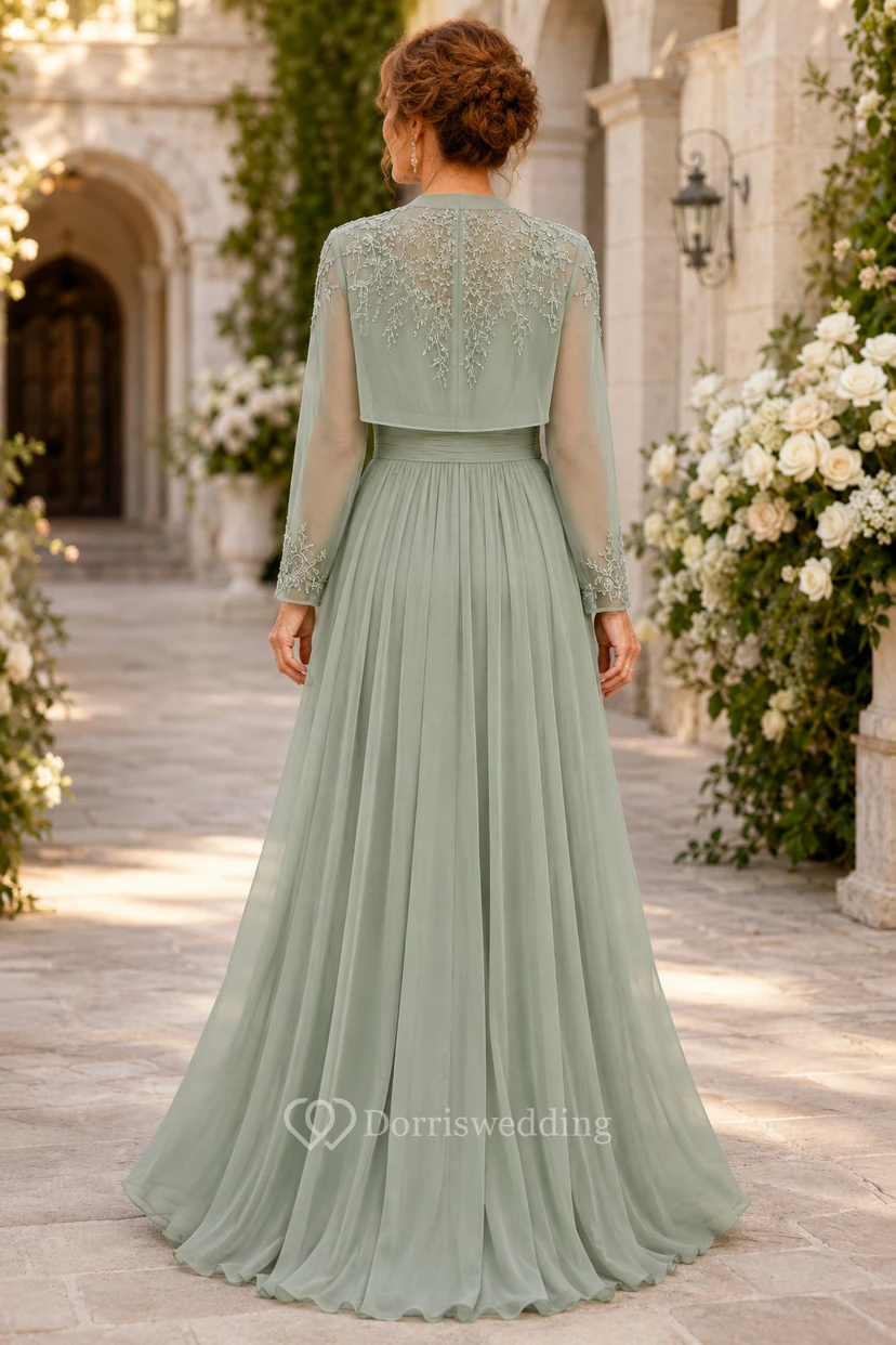 MOB-Kleid aus salbeigrünem Chiffon mit Spitze, A-Linie, langen Ärmeln, V-Ausschnitt, bodenlang, inklusive Jacke view 2
