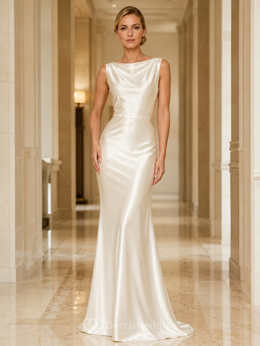 Abendkleid aus Satin in Perlmutt-Optik, elegant und mit Wasserfallausschnitt