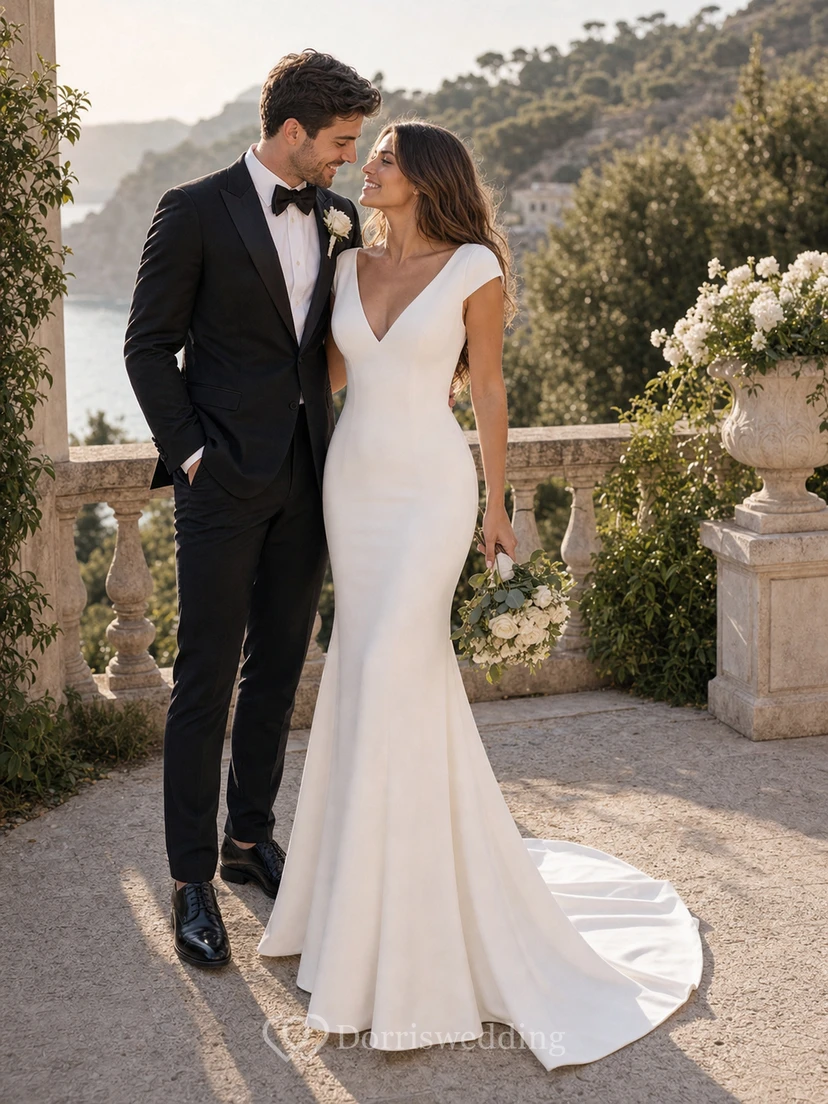 Robe de mariée sirène fourreau unie, col V simple et dos nu en dentelle. view 4