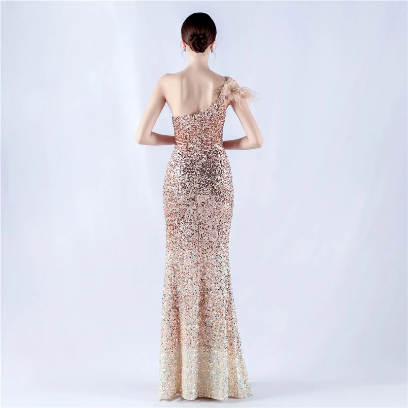 Gradient Velvet Bottom Sequins Craft Beading Ostrich Hair One-Shoulder Oblique Collar High-Slit Evening Dress view 53