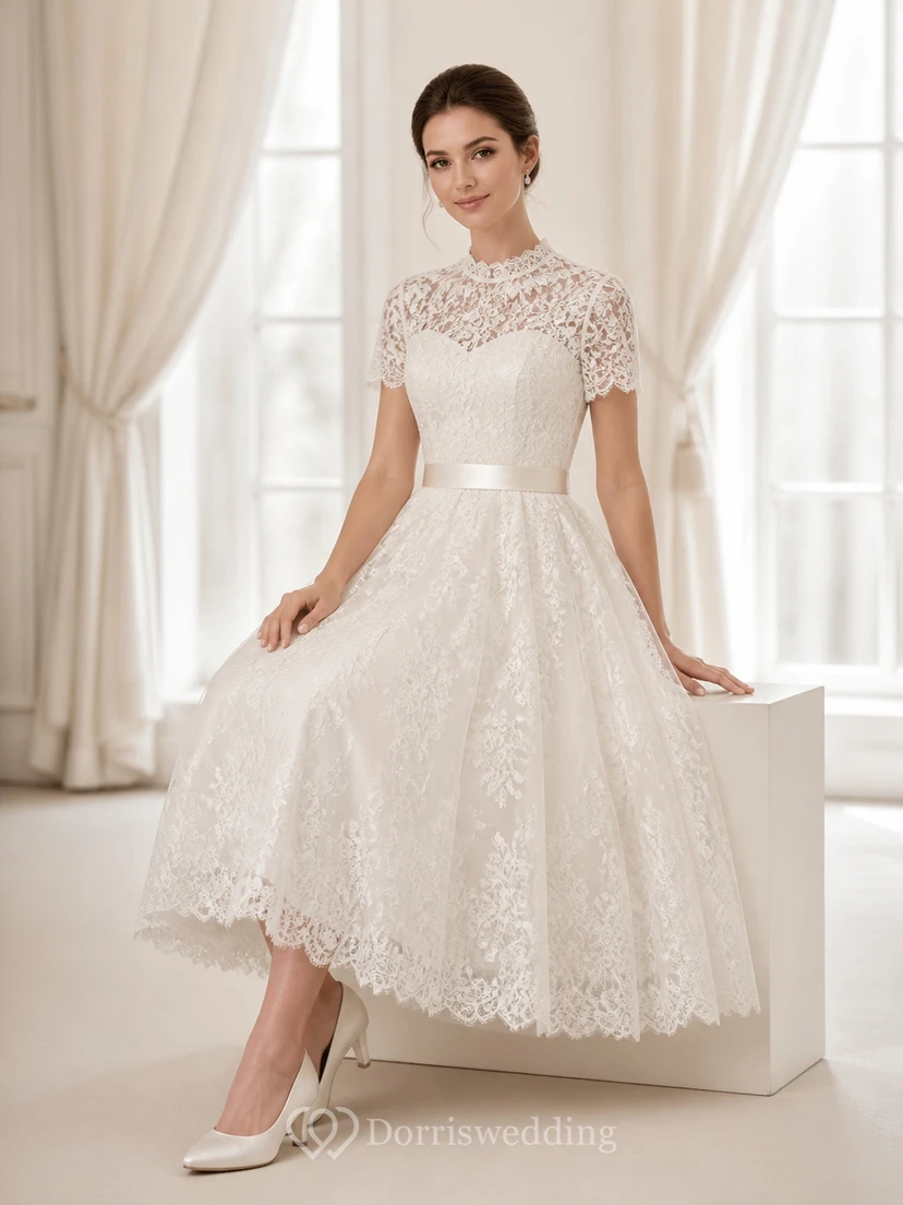 Vestido de novia vintage de satén con cuello alto y fajín, largo hasta la rodilla