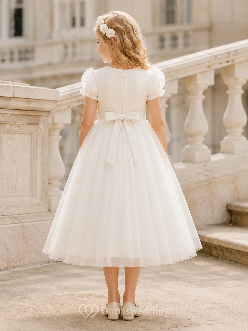 Bow Back Tulle A-Line Flower Girl Dress with Jewel Neck and Tea-Length Skirt view 2