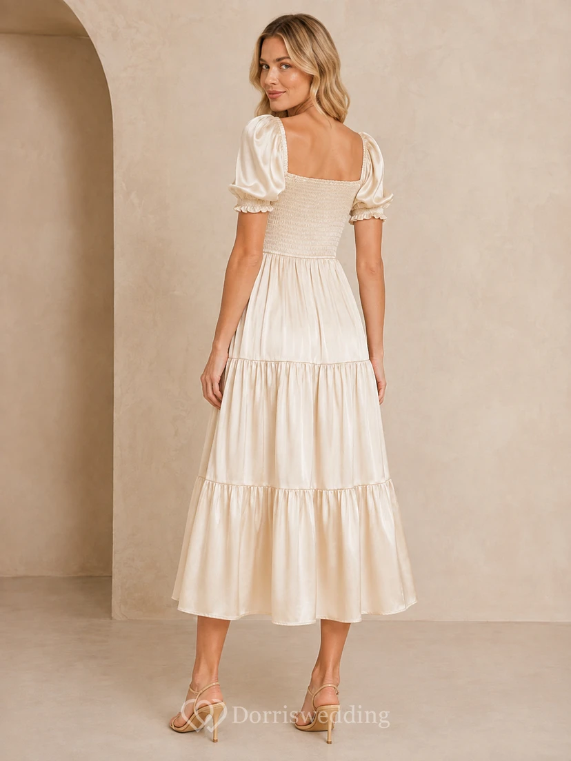 Cream Square-Neck Puff-Sleeve Smocked Satin Tiered Casual Garden Midi Dress view 2