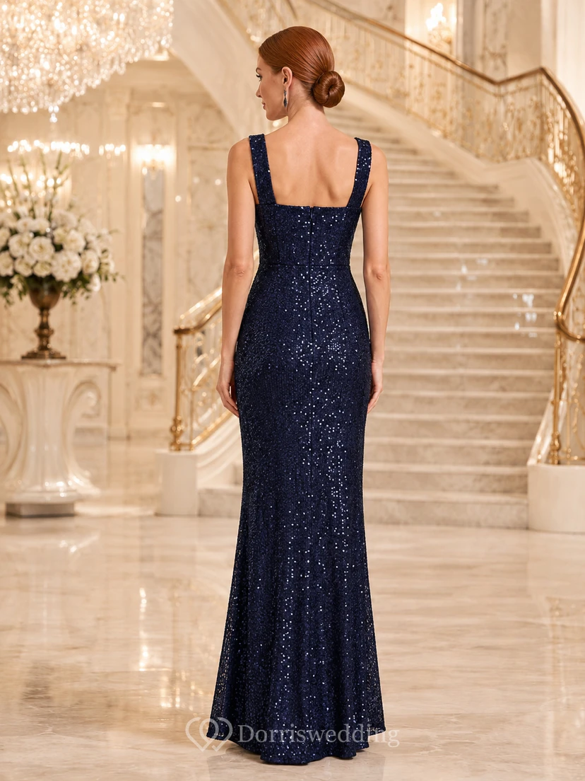 Dark Navy Ballroom Wedding Guest Evening Formal Dress Sheath Floor-Length Square Neck Sleeveless Sequin Zipper Back view 2
