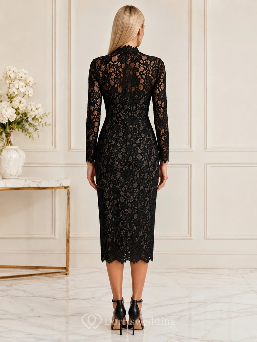 Black Lace High-Neck Long-Sleeve Sheath Tea-length Vintage Evening-Gown view 2