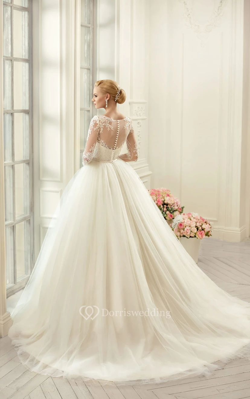 Ball Gown Floor-Length Jewel Long-Sleeve Illusion Tulle Lace Dress With Appliques view 3