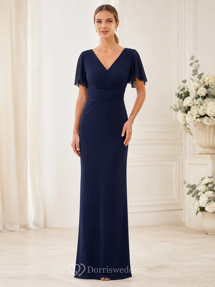 Ink Navy V-Neck Short Sleeve Jersey Sheath Maid Of Honor Dress