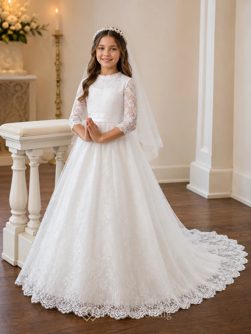 Langärmeliges Kommunionkleid mit Schleppe und Spitze, ideal für Blumenmädchen und Kommunion