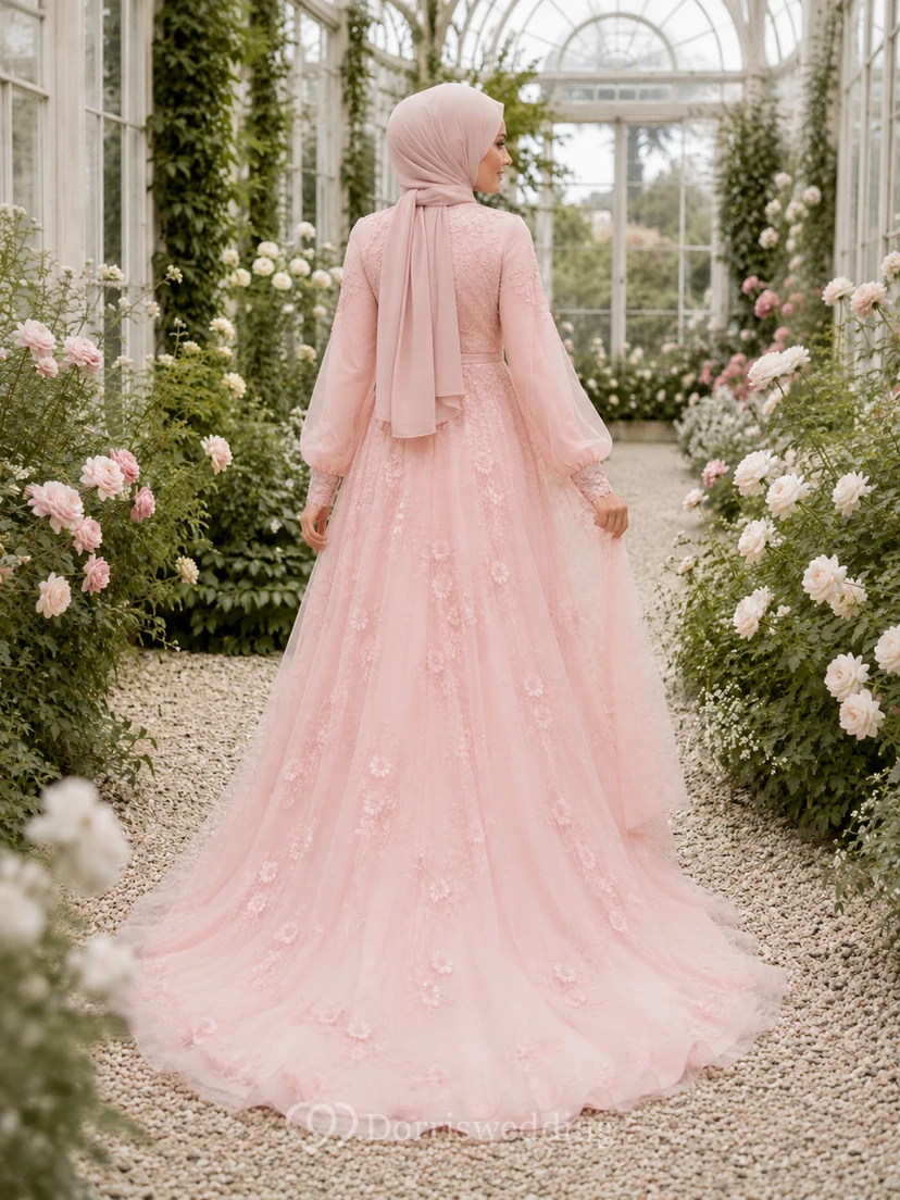 Blushing Pink Muslim Long Sleeve Lace Garden Wedding Dress view 2