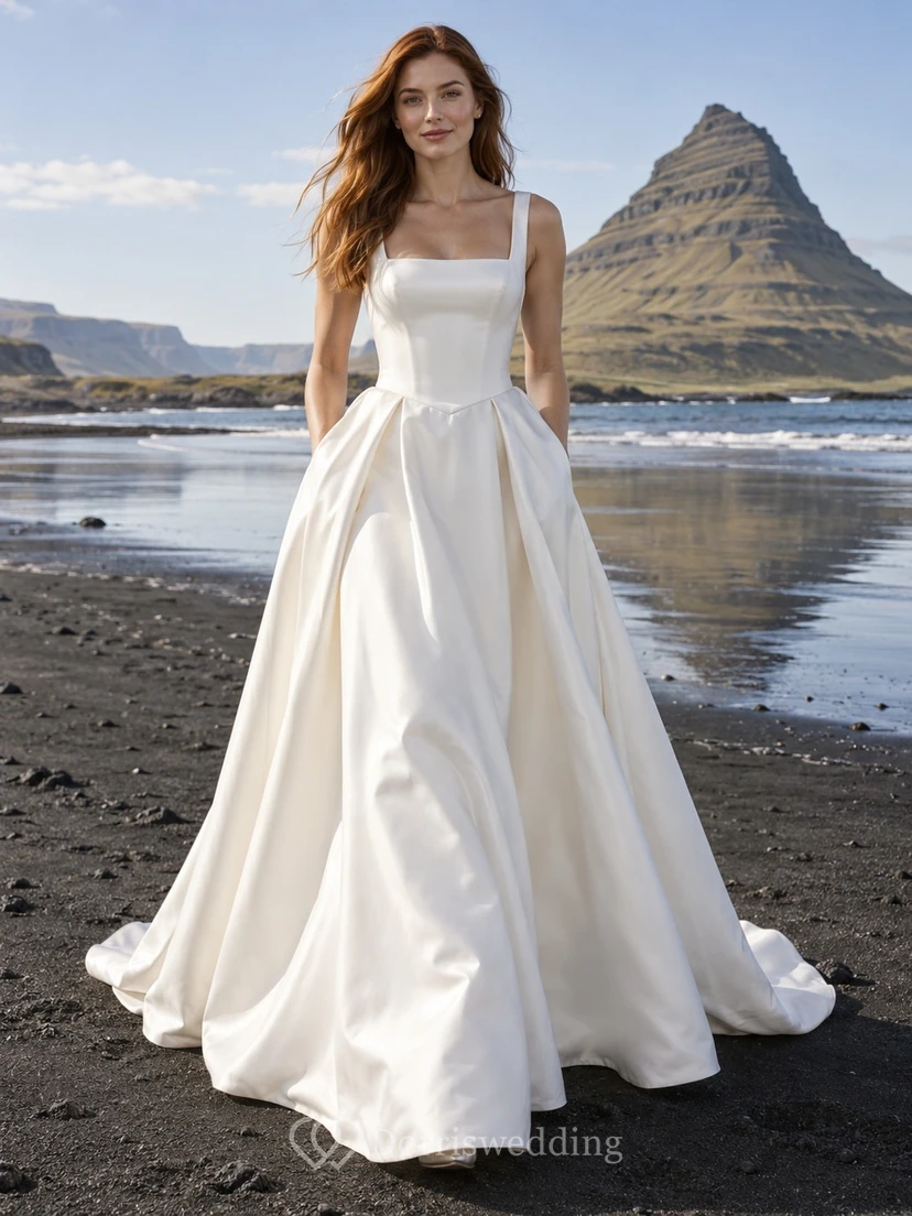 Vestido de novia sencillo de corte A en satén duquesa con escote cuadrado, tirantes anchos y cintura puntiaguda.