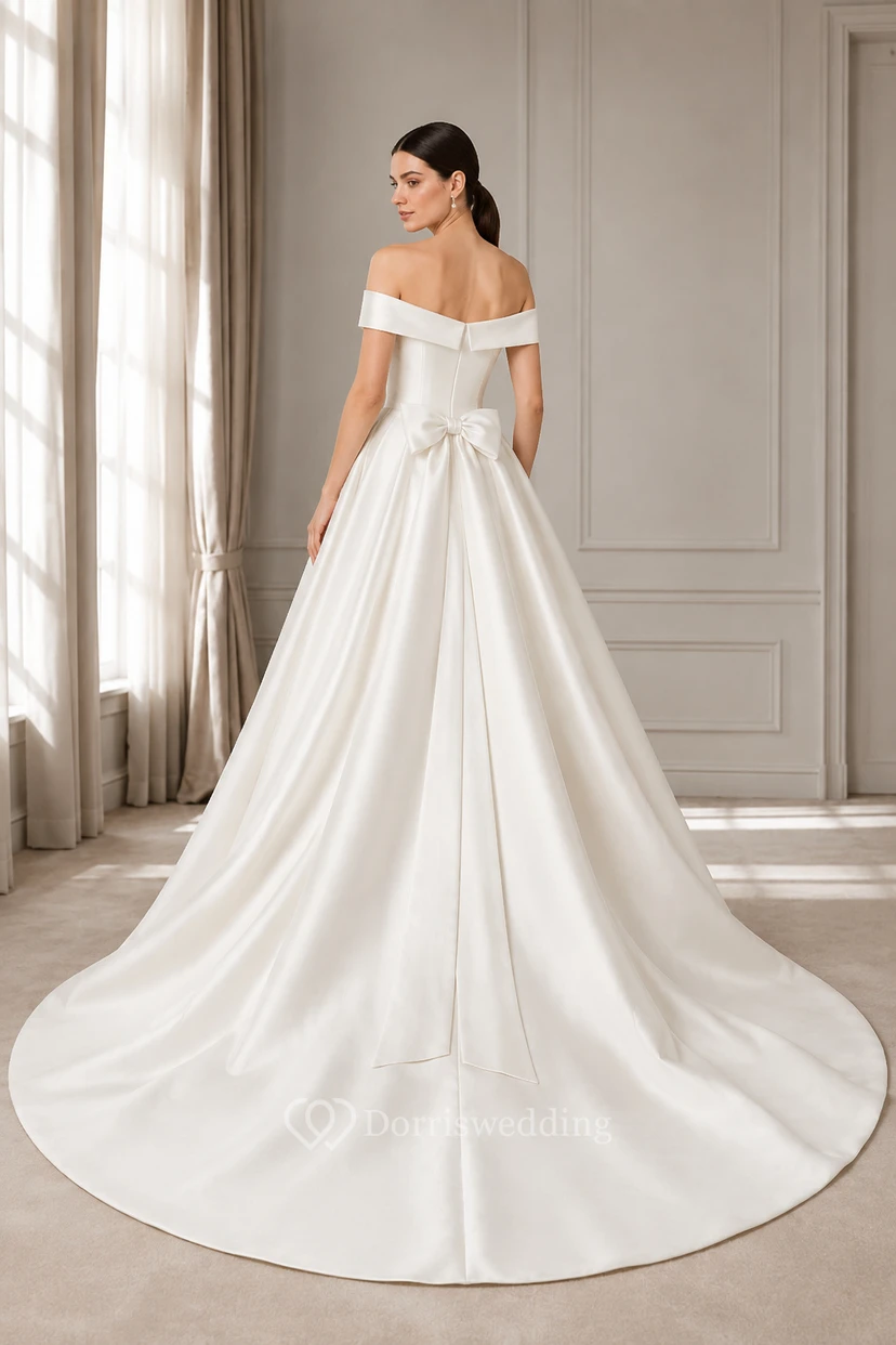 Wedding Ball Gown Satin Dress with Off-Shoulder Neckline and Back Bow Train view 2