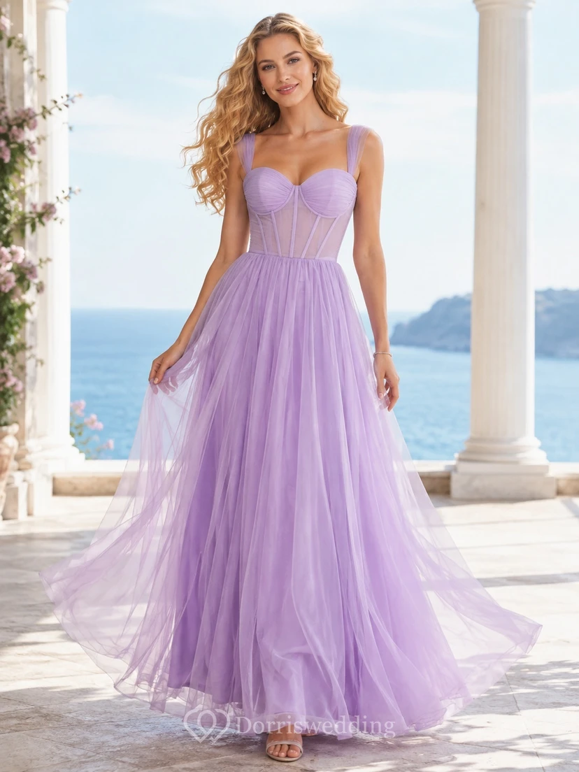 Lavender Tulle Sweetheart Spaghetti Strap Pleated Floor-length Evening Dress