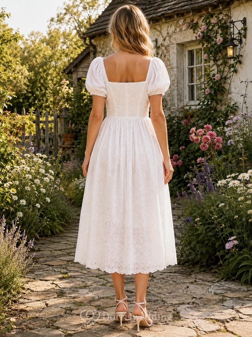 White Cotton Square Neck Puff Sleeve A-Line Tea-length Vintage Casual Country Garden Adorable Dress view 2