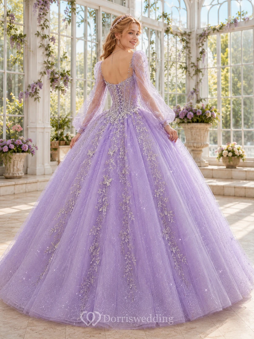 Lilac Silver Luxury Long Puff Sleeve V Neck Glitter Quinceanera Princess Ball Gown view 2