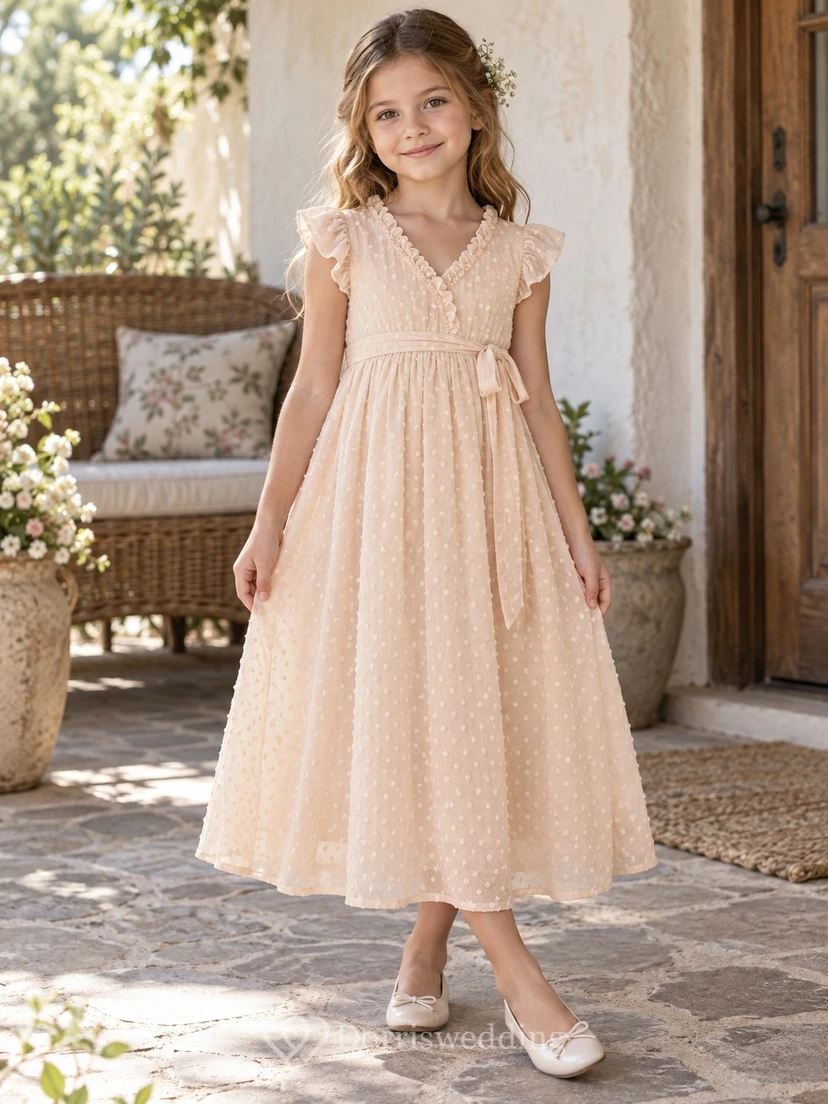 Apricot V-neck Ruffle Strap Bow Swiss Dot Cotton Flower Girl Dress