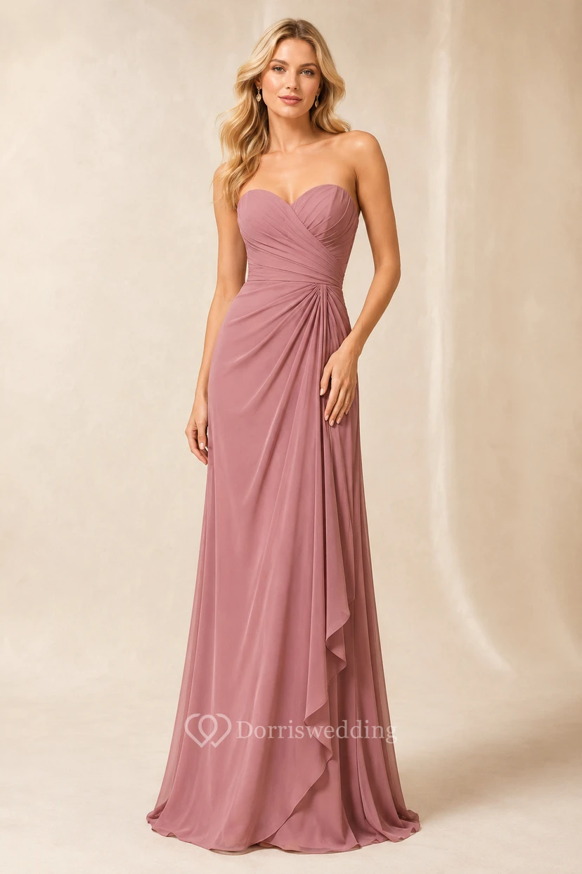Vestido formal de gasa color rosa empolvado sin tirantes, corte en A