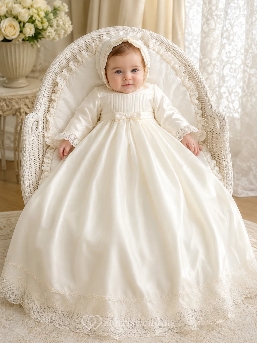 Round Neck Christening Gown A-Line Satin Lace Long Sleeve Floor-Length