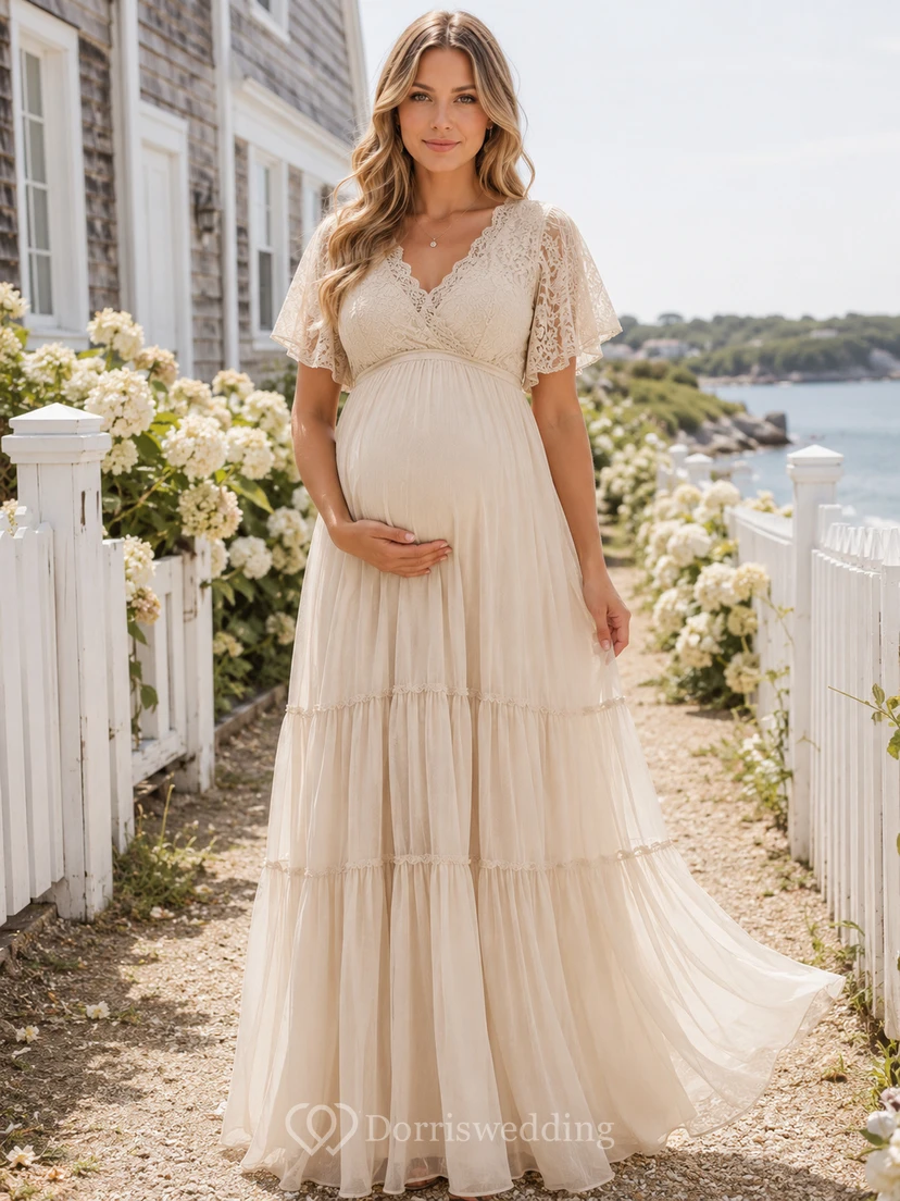 Vestido de playa de gasa color crema con escote en V, mangas con volantes y mangas acampanadas, estilo A, para embarazadas.