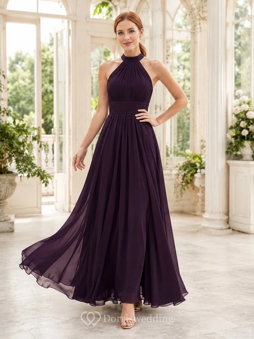 Dark Purple Chiffon Halter Neck Pleated A-Line Floor-length Formal Dress
