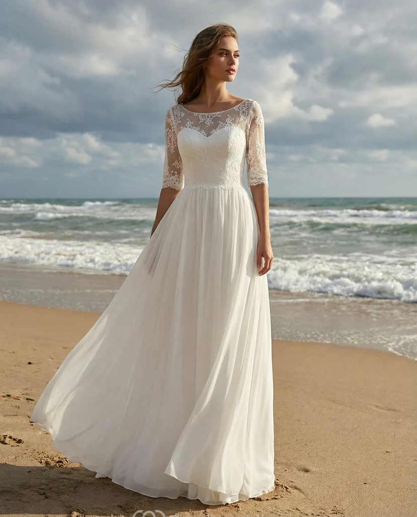 Strandhochzeitskleid aus Spitze, 3/4-Ärmel, Chiffon, A-Linie