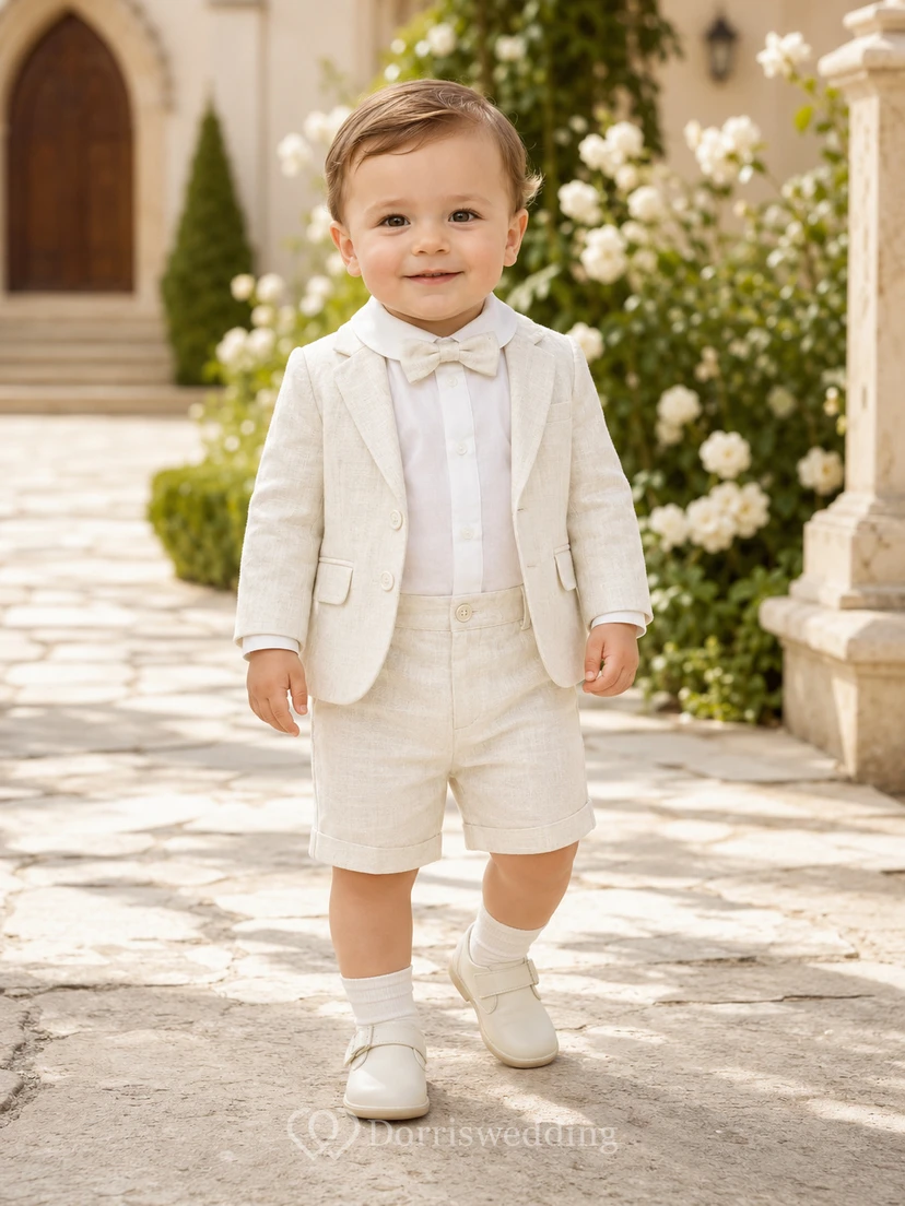 Traje corto formal de bautizo para bebé niño, tipo blazer color crema con pajarita.