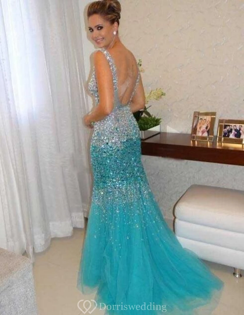 Glamorous Sleeveless Beadings Crystals Prom Dresses Mermaid Tulle Party Gowns view 2